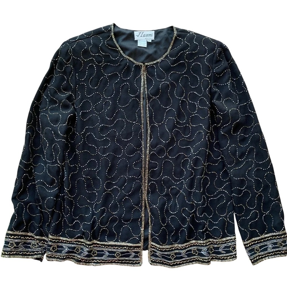 Vtg J Laxmi Beaded Embroidered Formal Evening Jacket Black Gold Silver Size L